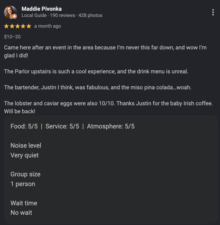 good restaurant review examples server mention