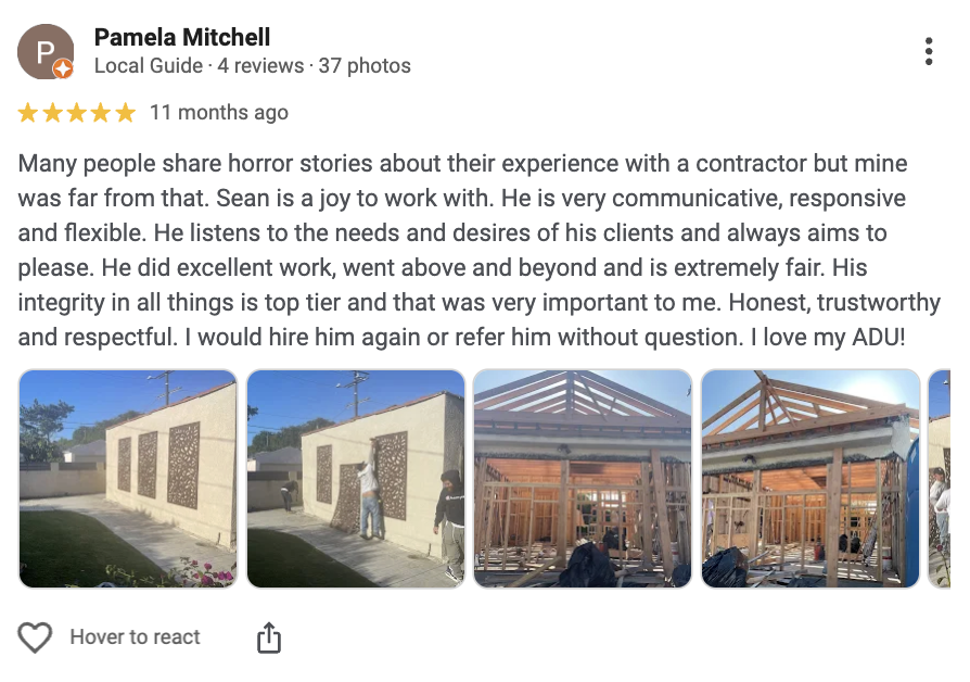 positive reviews examples for construction company