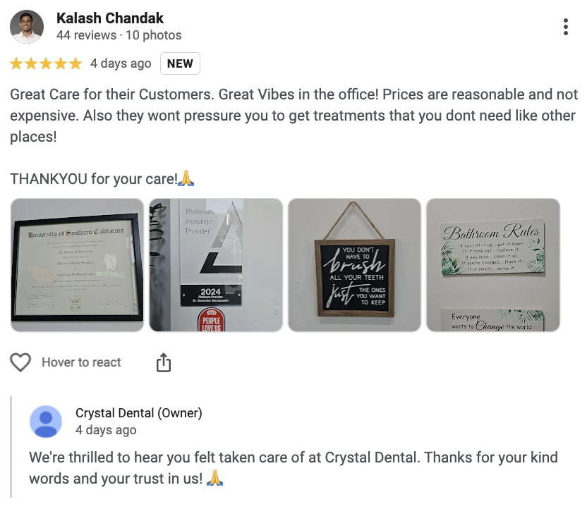 google reviews examples for dental clinic