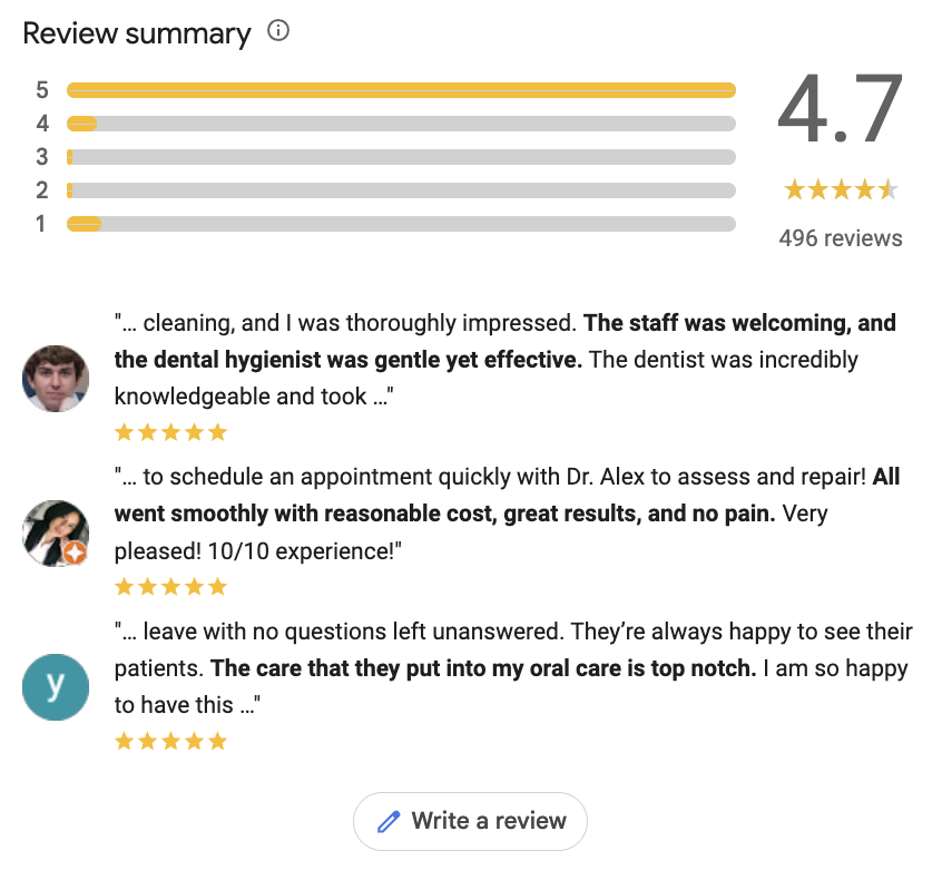 good reviews examples for dental clinic
