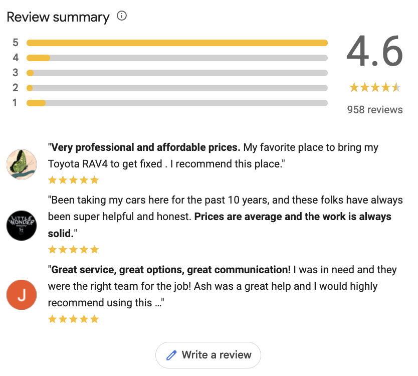 local car service shop review examples overview