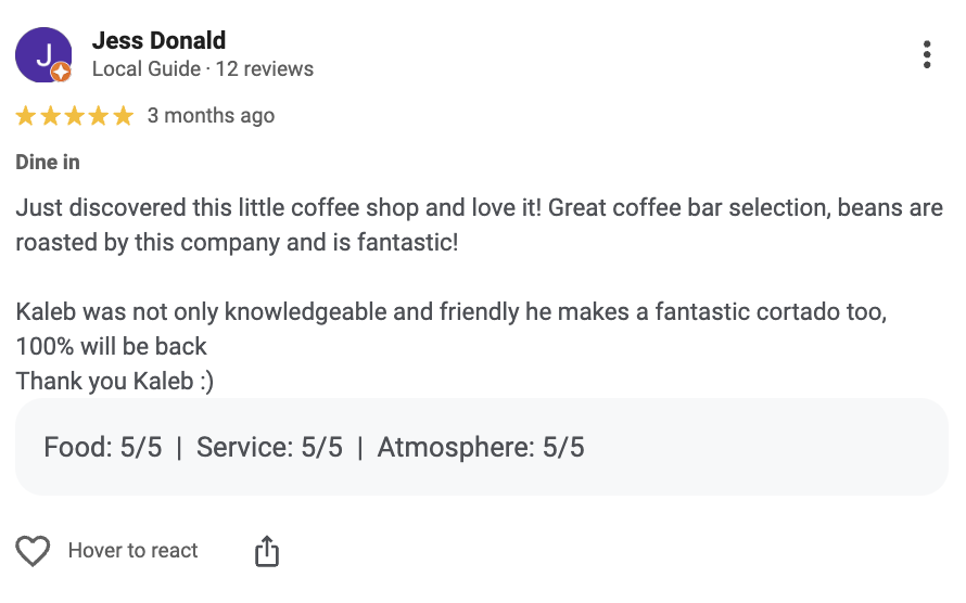 local coffee shop review examples staff praise 