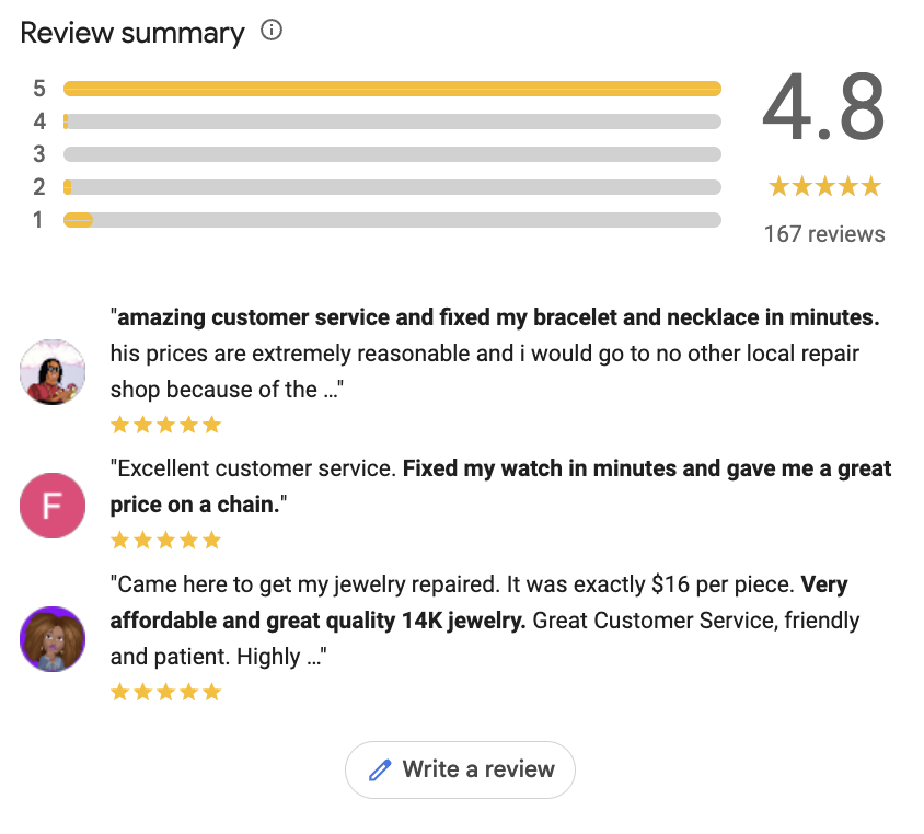 local jewelry shop review examples overview