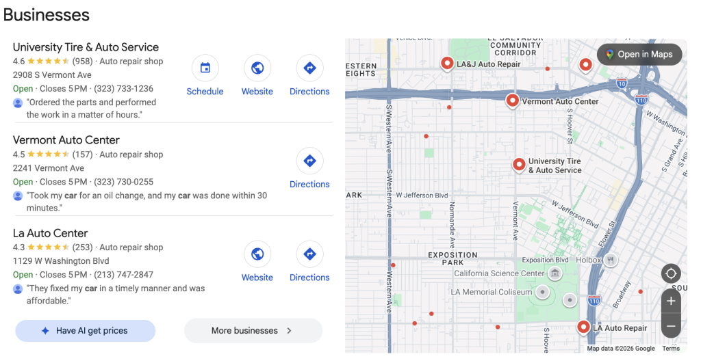 local car service shop review examples local SEO 