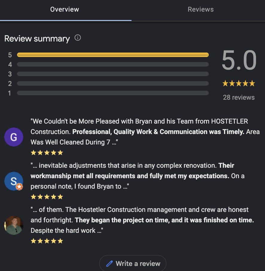 positive reviews examples for construction company